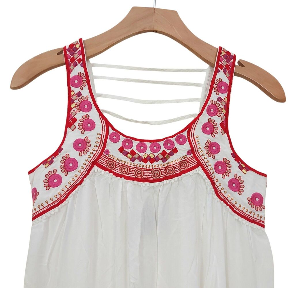 For Cynthia Beachwear Mini Dress Womens XS White Embroidered Bohemian Artsy - Picture 2 of 10